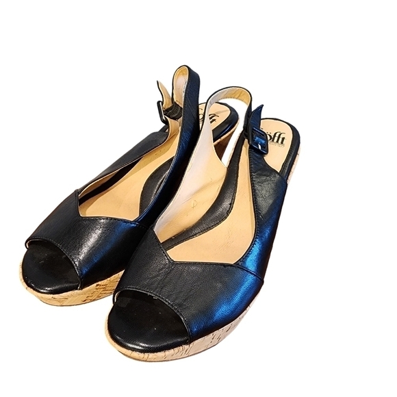 Sofft Womens Black Leather Open Toe Wedge Heels Size 7.5 7 1/2 Sling Back - Picture 6 of 6